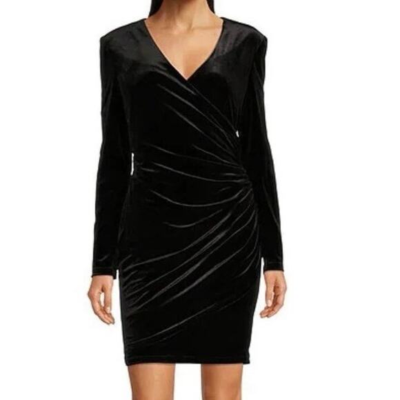 Alex‎ Marie Nikki Stretch Velvet Surplice V-Neck Long Sleeve Ruched Dress 16 New - Picture 1 of 8
